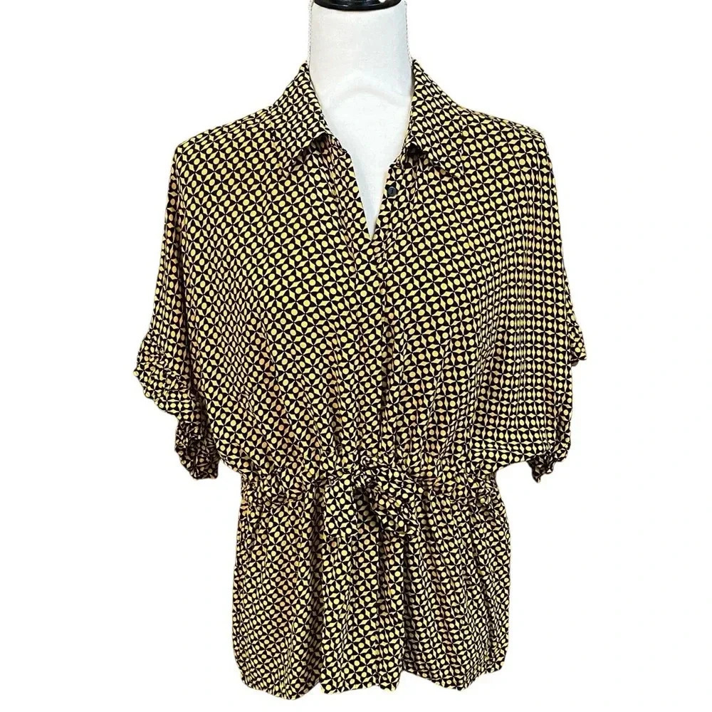 ZARA Yellow Black Geometric Print Belted Blouse Peplum Tie Waist Top S